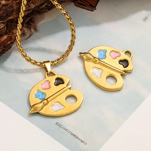 Artistic paint palette pendant necklace in gold finish with colorful enamel and rope chain