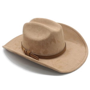 Detail of khaki suede cowboy hat featuring brown leather band and metallic buckle accent