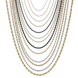 Detailed view of 18K plated stainless steel rope chains in gold, silver and black colors