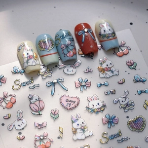Cute cartoon nail stickers with rabbits and hearts for creative DIY manicure art