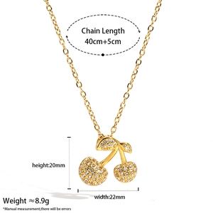 Gold cherry pendant necklace in 316 stainless steel with zircon stones and dimensions