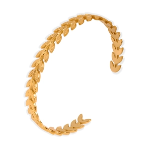 Gold-plated stainless steel open cuff bracelet with detailed wheat ear engraving texture
