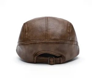 Rear view of leather newsboy hat with adjustable metal buckle and lychee texture