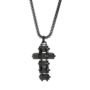 Industrial style cross pendant on a black chain necklace made of durable titanium steel