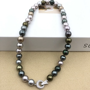Elegant multi-color pearl necklace with peacock green and Tahitian hues in premium finish