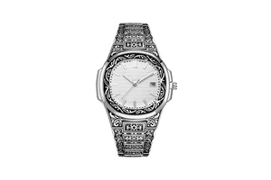 Detail of silver vintage watch with intricate floral engraving and date display