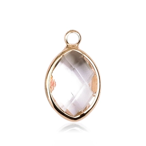 Detailed close-up of a marquise cut crystal pendant with elegant rose gold metal frame