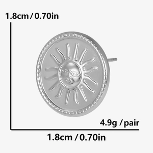 Detail view of silver sun face stud earrings with 1.8cm diameter and weight measurements