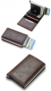 Three-view display of brown leather RFID wallet with automatic aluminum pop-up card case
