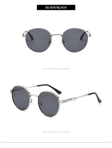 Dual-view close-up of retro round metal sunglasses in silver frame with black lenses