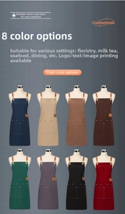 Detail view of eight colorful canvas aprons featuring adjustable neck straps and leather pockets