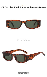 Detail view of retro rectangle tortoiseshell sunglasses with green resin lenses