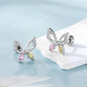 Butterfly Ear Cartilage Stud Titanium Steel Micro Inlaid Pink Yellow Zircon Piercing Screw Back Vintage Elegant Jewelry