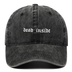Washed dark grey cotton baseball cap with Dead Inside gothic embroidery in a retro style