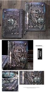 Detailed close-up of 3D embossed knight armor and sword on a vintage PU notebook cover