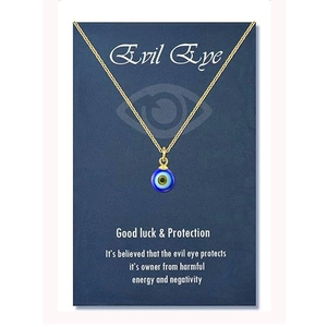 Golden stainless steel chain necklace featuring a classic blue evil eye amulet pendant
