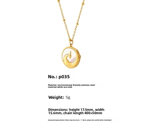 Detail showing 18K gold-plated phoenix relief on white sea shell pendant dimensions