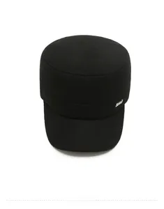Detail view of black wool military cap with silver Sport metal emblem for autumn winter