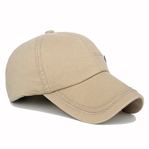 Detail view of khaki cotton baseball cap showing reinforced stitching on the curved brim