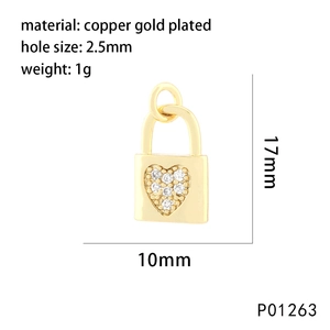 Macro detail of a 17mm gold plated copper heart padlock pendant with 2.5mm hole