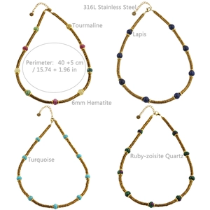 Four colorful gemstone necklaces with 6mm golden hematite beads and stainless steel chains