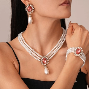 Baroque Multi Layer Faux Artificial Pearl Necklace Bracelet Earrings With Alloy Earring Post Women French Court Style Pink Flower