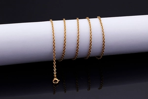 Macro detail of gold-plated punk chain necklace with lobster clasp on display