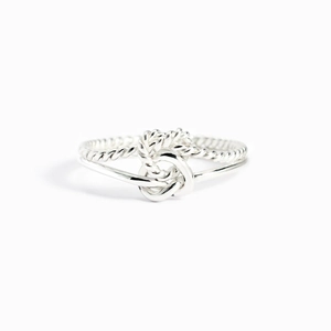Minimalist S925 sterling silver open ring featuring a double love knot woven design