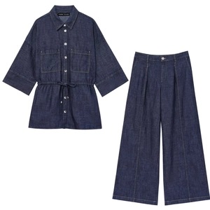 Top E Pantaloni In Denim Donna Camicia Maniche Corte Vita Annodata Pantaloni Larghi Vita Alta Casual Streetwear
