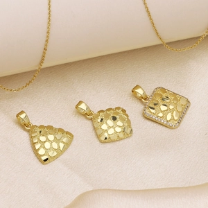 Textured 18k gold plated geometric pendants in square and triangle on silk