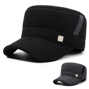 Men Cadet Cap Woolen Warm Winter Flat Top Hat With Ear Flaps Windproof Outdoor Casual Adjustable Metal Buckle