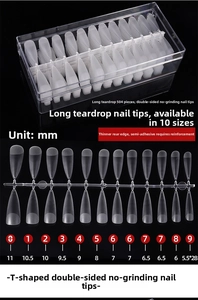 Size chart for 504pcs clear matte almond and coffin press-on nail tips in 10 sizes