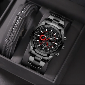 Macro shot of a black stainless steel chronograph watch and braided leather bracelet set