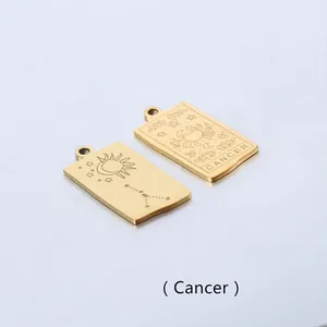 Detail of gold Cancer zodiac rectangular pendant with sun and moon pattern on metal