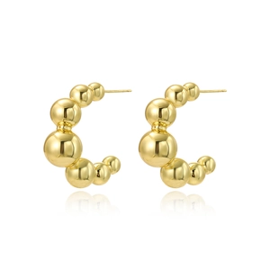 Polished 18k gold plated C-shaped stud earrings featuring graduated hollow metal spheres