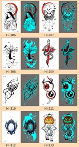 Luminous Halloween temporary tattoos featuring skeletons and spiders in blue glow effects