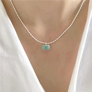 Minimalist 925 sterling silver necklace with a rectangular green natural stone pendant
