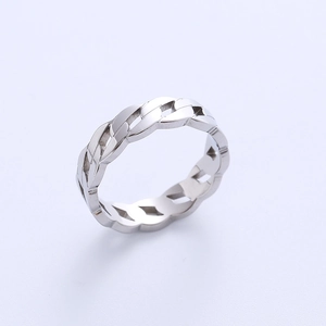 Polished silver stainless steel chain link ring with minimalist hollow cuban design