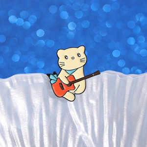 Cute cartoon cat enamel pin playing guitar with blue scarf and tiny wings accessory