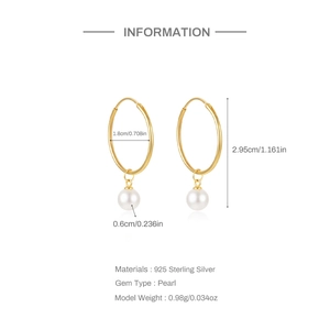 Detailed size specifications of 925 sterling silver hoop earrings with pearl charms