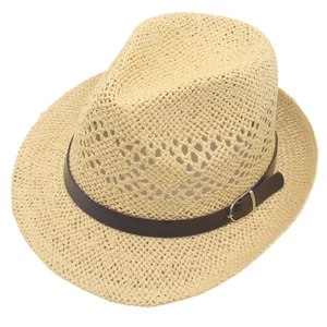 Chapeau de paille creux pour hommes avec ruban en cuir marron et boucle pour l'été