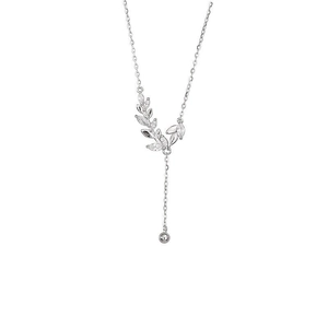 Sparkling wheat leaf tassel pendant necklace in silver finish with zirconia stones