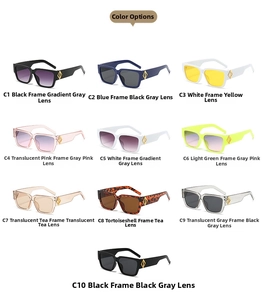 Overview of square sunglasses in 10 diverse colors with golden hollow diamond temple details