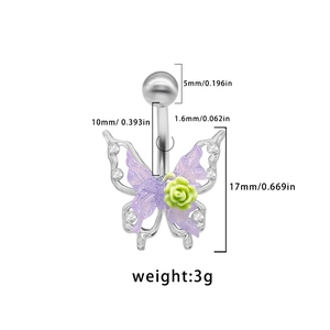 Silver belly ring with purple butterfly and green rose pendant, 1.6mm gauge size
