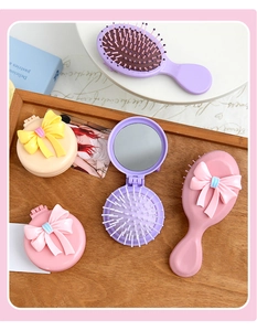 Adorable brosse à cheveux pliante avec miroir et nœud papillon rose et violet pour voyage
