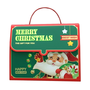 Briefcase-style Christmas apple gift box with red handle and festive cartoon patterns