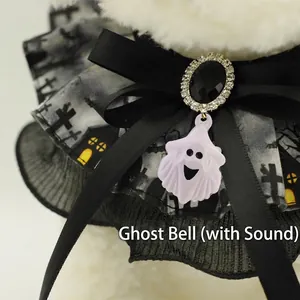 Halloween pet collar with black bow, gothic lace pattern, and cute white ghost bell accessory