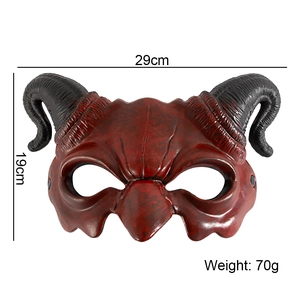 Red demon half-face mask with black ram horns for Halloween and carnival costumes