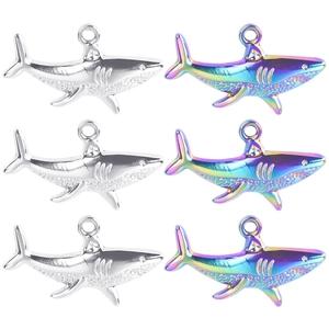 Set of six stainless steel shark pendants in silver and rainbow finish for DIY jewelry