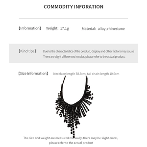 Infographic showing rhinestone tassel necklace dimensions, materials and weight detail